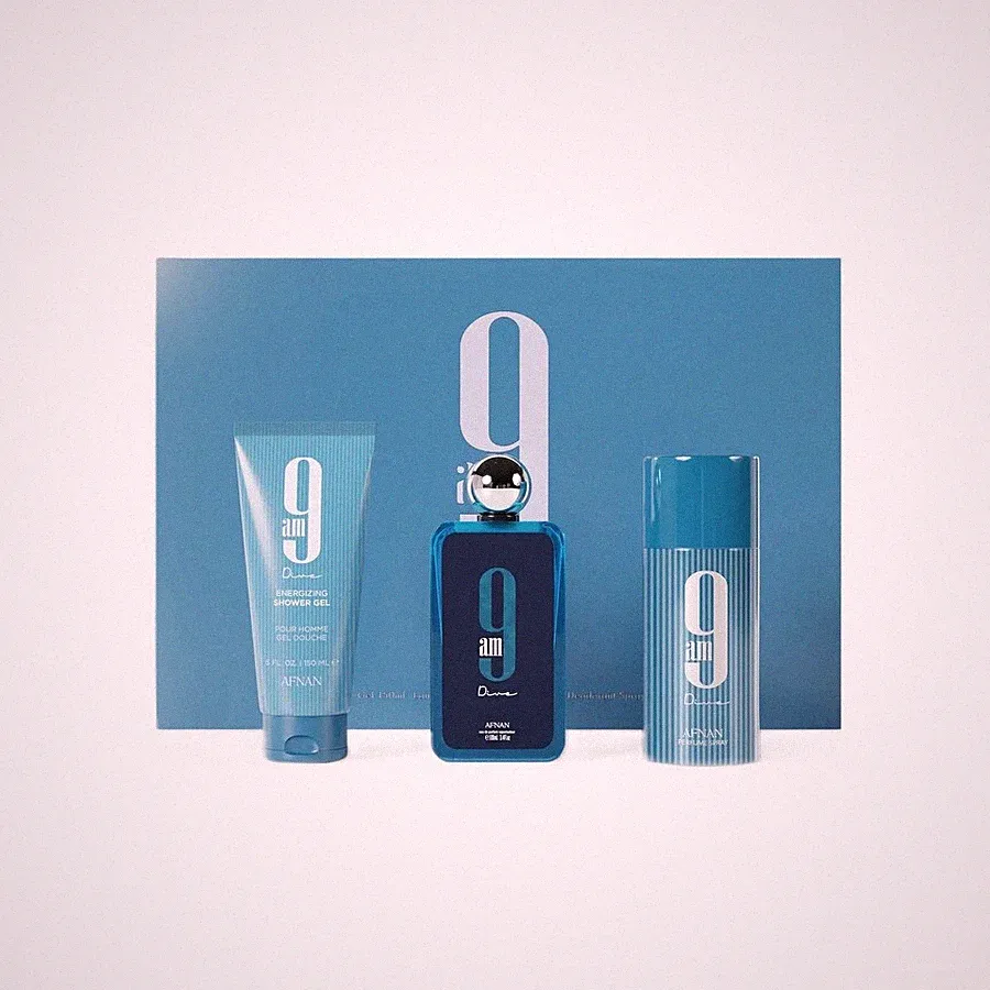 Afnan 9 Am Dive Perfume Gift Set (3.4 Oz) EDP Shower Gel (5.0 Oz), Deo (5.0 Oz)